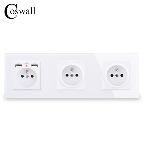 COSWALL 16A 2/3/4/5 Gang French Standard Wall Socket + Dual USB Charge Port Hidden Soft LED Indicator Glass Panel