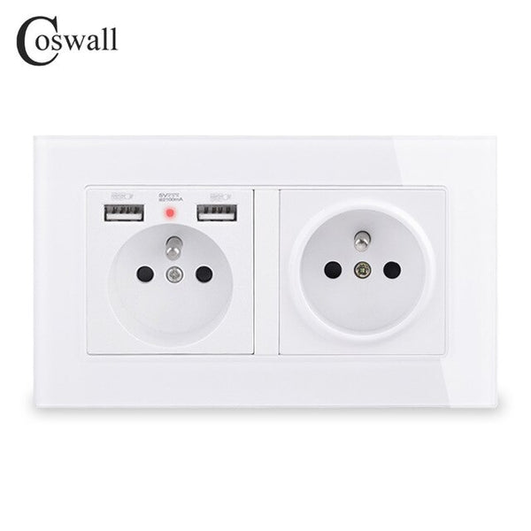 COSWALL 16A 2/3/4/5 Gang French Standard Wall Socket + Dual USB Charge Port Hidden Soft LED Indicator Glass Panel