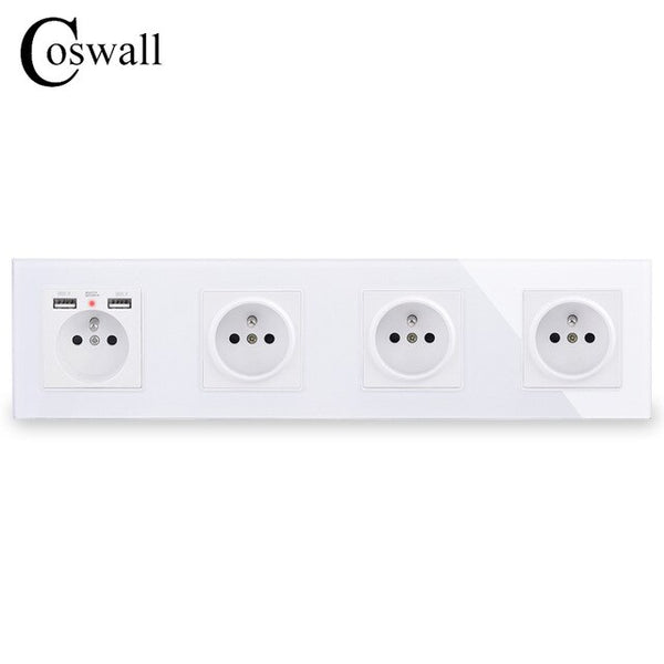 COSWALL 16A 2/3/4/5 Gang French Standard Wall Socket + Dual USB Charge Port Hidden Soft LED Indicator Glass Panel