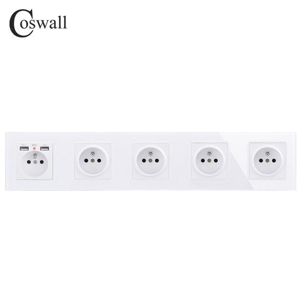 COSWALL 16A 2/3/4/5 Gang French Standard Wall Socket + Dual USB Charge Port Hidden Soft LED Indicator Glass Panel