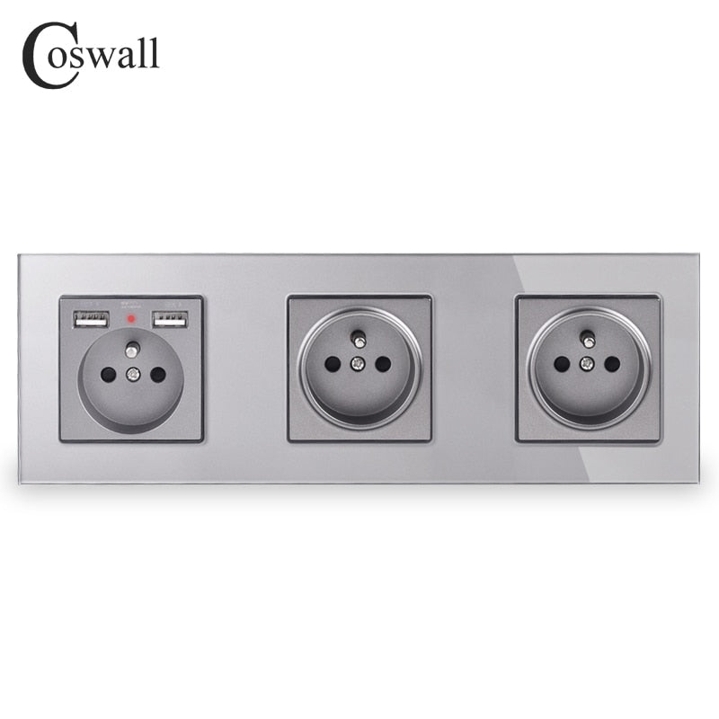 COSWALL Triple French Standard Wall Socket With 2 USB Charge Port Hidden Soft LED Indicator Crystal Glass Panel Black White Grey