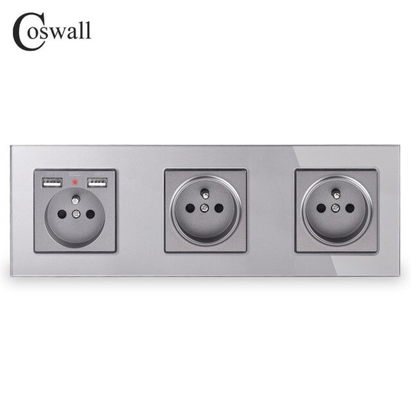 COSWALL Triple French Standard Wall Socket With 2 USB Charge Port Hidden Soft LED Indicator Crystal Glass Panel Black White Grey