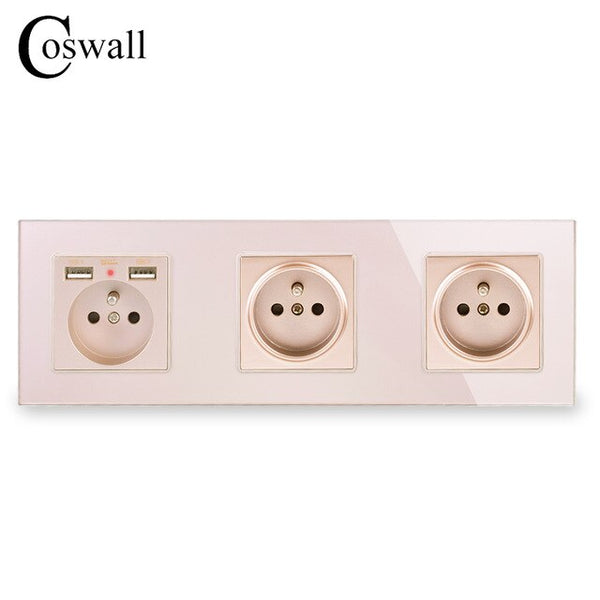 COSWALL Triple French Standard Wall Socket With 2 USB Charge Port Hidden Soft LED Indicator Crystal Glass Panel Black White Grey