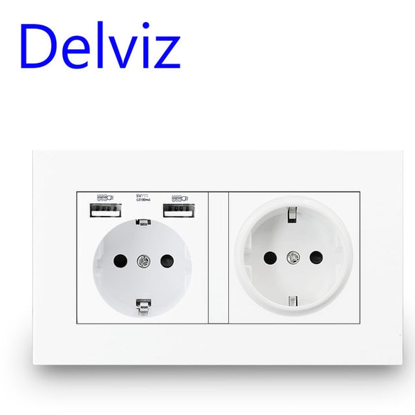 Delviz EU Standard USB socket, Double Outlet,16A Quality power panel AC 110~250V 146mm * 86mm,Double frame Wall USB Power Outlet