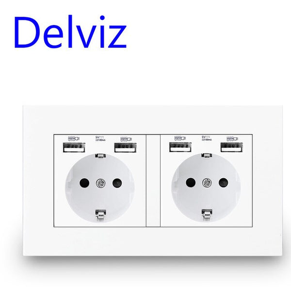 Delviz EU Standard USB socket, Double Outlet,16A Quality power panel AC 110~250V 146mm * 86mm,Double frame Wall USB Power Outlet