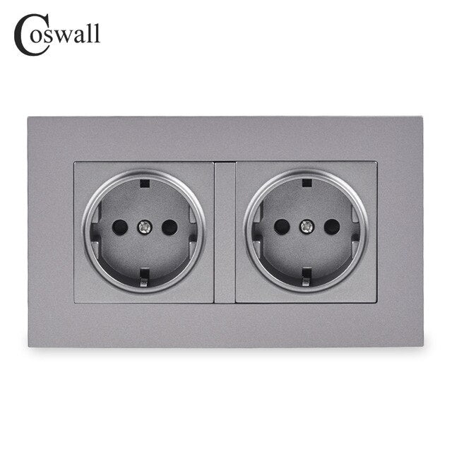 Coswall Simple Style PC Panel Double EU Russia Spain Wall Socket Grounded With Children Protective Door White Black Grey Gold