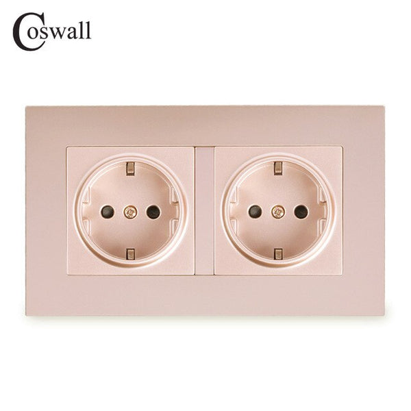 Coswall Simple Style PC Panel Double EU Russia Spain Wall Socket Grounded With Children Protective Door White Black Grey Gold