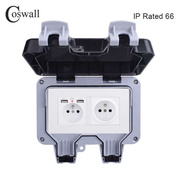 Coswall IP66 Weatherproof Waterproof Outdoor Wall Power Socket Double French Standard Outlet With Dual USB Charging Port 2.1A