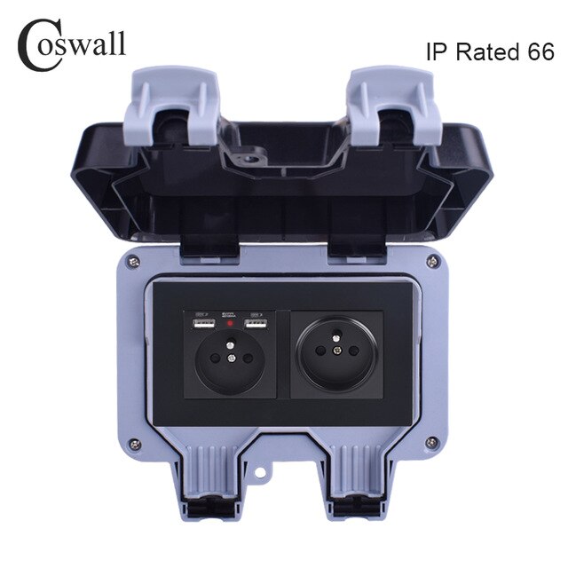 Coswall IP66 Weatherproof Waterproof Outdoor Wall Power Socket Double French Standard Outlet With Dual USB Charging Port 2.1A