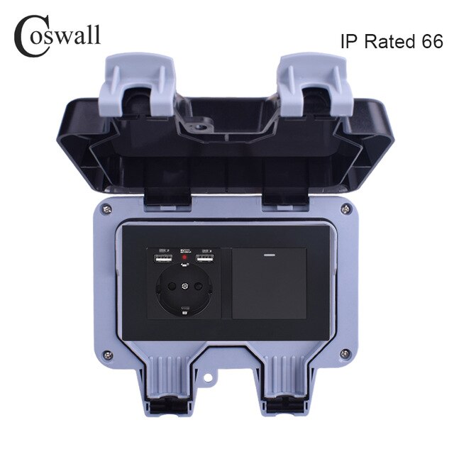 Coswall IP66 Waterproof Outdoor EU Standard Wall Socket With 2 USB Charging Port + 1 Gang 1 Way On / Off Light Switch