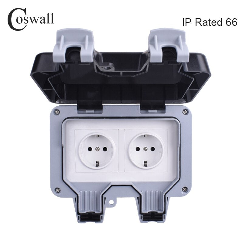 Coswall IP66 Weatherproof Waterproof Outdoor Wall Power Socket 16A Double EU Standard Electrical Outlet Grounded AC 110~250V